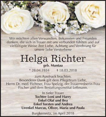 Traueranzeige von Helga Richter von WVG - Wochenspiegel Bitterfeld