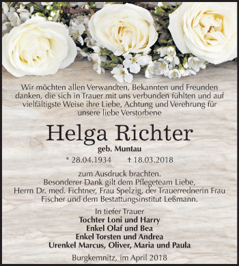 Traueranzeige von Helga Richter von Mitteldeutsche Zeitung Bitterfeld