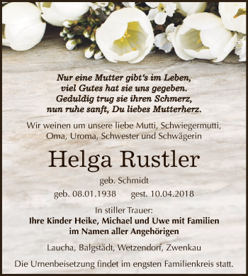 Traueranzeige von Helga Rustler von WVG - Wochenspiegel NMB / WSF / ZTZ