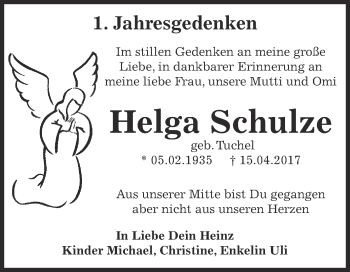 Traueranzeige von Helga Schulze von WVG - Wochenspiegel Dessau / Köthen