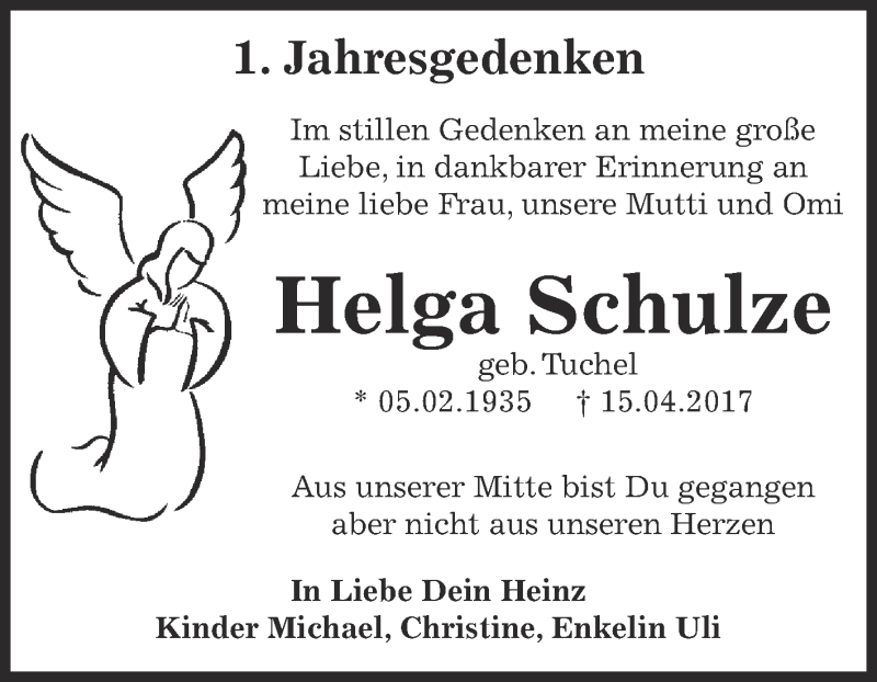  Traueranzeige für Helga Schulze vom 14.04.2018 aus WVG - Wochenspiegel Dessau / Köthen