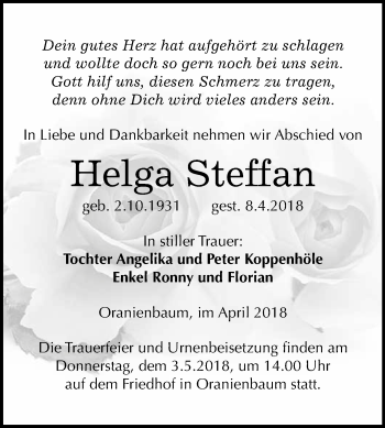 Traueranzeige von Helga Steffan von WVG - Wochenspiegel Wittenberg