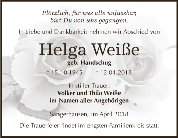 Traueranzeige von Helga Weiße von Super Sonntag SGH Mansf. Land