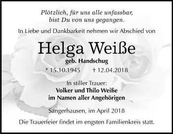 Traueranzeige von Helga Weiße von Mitteldeutsche Zeitung