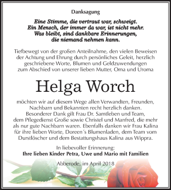 Traueranzeige von Helga Worch von Mitteldeutsche Zeitung