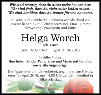 Traueranzeige von Helga Worch von Wochenspiegel Mansfelder Land