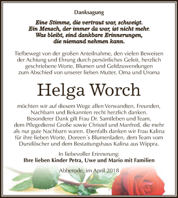 Traueranzeige von Helga Worch von Wochenspiegel Mansfelder Land