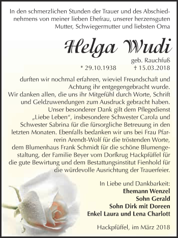 Traueranzeige von Helga Wudi von Super Sonntag SGH Mansf. Land
