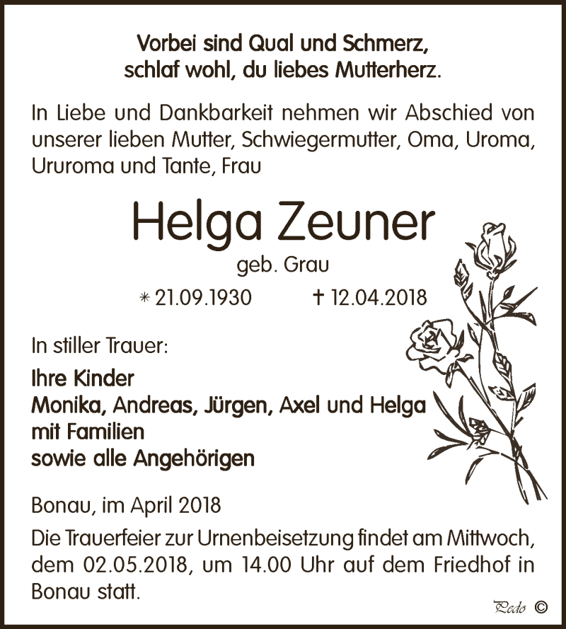  Traueranzeige für Helga Zeuner vom 18.04.2018 aus WVG - Wochenspiegel NMB / WSF / ZTZ