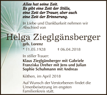 Traueranzeige von Helga Zieglgänsberger von WVG - Wochenspiegel Dessau / Köthen