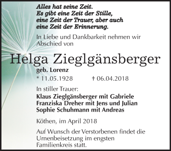 Traueranzeige von Helga Zieglgänsberger von Mitteldeutsche Zeitung
