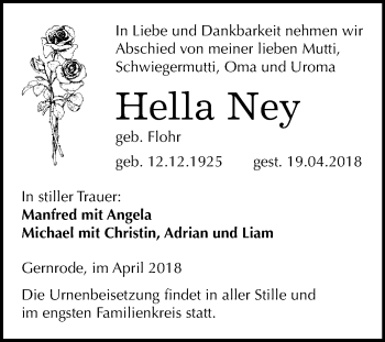 Traueranzeige von Hella Ney von WVG - Wochenspiegel Quedlinburg