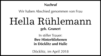 Traueranzeige von Hella Rühlemann von WVG - Wochenspiegel Merseburg