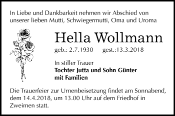 Traueranzeige von Hella Wollmann von WVG - Wochenspiegel Merseburg