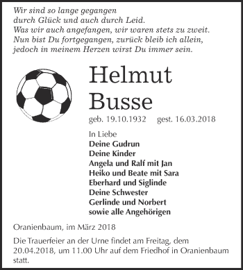 Traueranzeige von Helmut Busse von WVG - Wochenspiegel Wittenberg