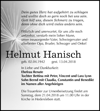 Traueranzeige von Helmut Hanisch von Mitteldeutsche Zeitung