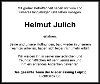 Traueranzeige von Helmut Julich von Mitteldeutsche Zeitung Halle/Saalkreis
