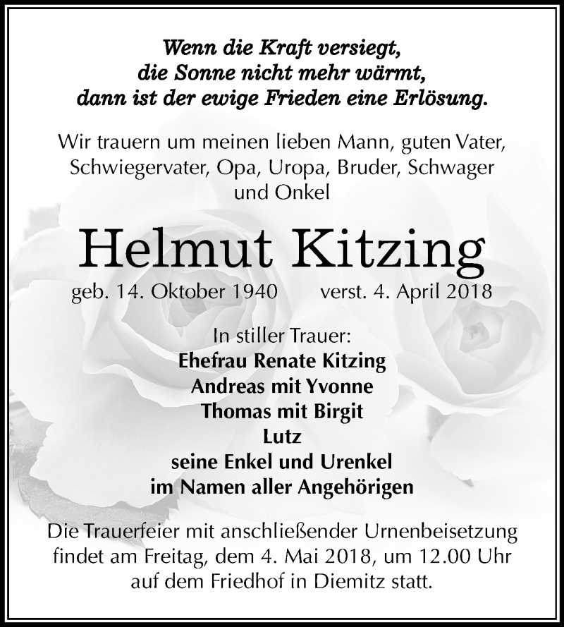  Traueranzeige für Helmut Kitzing vom 21.04.2018 aus Mitteldeutsche Zeitung Halle/Saalkreis