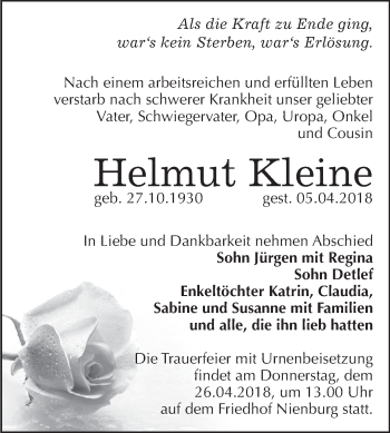Traueranzeige von Helmut Kleine von Super Sonntag Bernburg