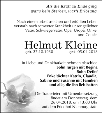 Traueranzeige von Helmut Kleine von Mitteldeutsche Zeitung Bernburg