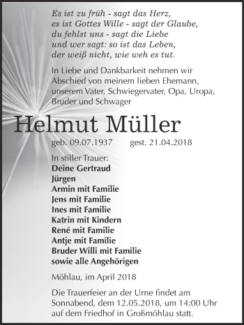 Traueranzeige von Helmut Müller von WVG - Wochenspiegel Wittenberg