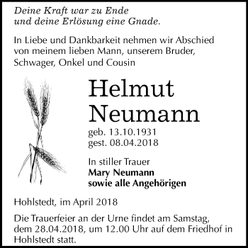 Traueranzeige von Helmut Neumann von Mitteldeutsche Zeitung Sangerhausen