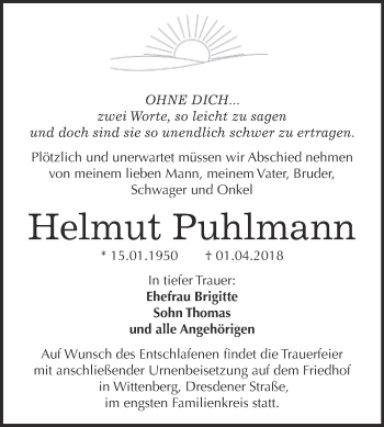 Traueranzeige von Helmut Puhlmann von WVG - Wochenspiegel Wittenberg