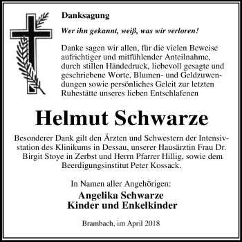 Traueranzeige von Helmut Schwarze von Mitteldeutsche Zeitung Dessau-Roßlau
