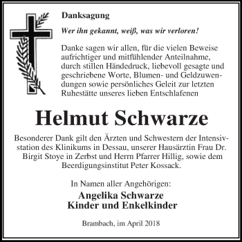Traueranzeige von Helmut Schwarze von WVG - Wochenspiegel Dessau / Köthen