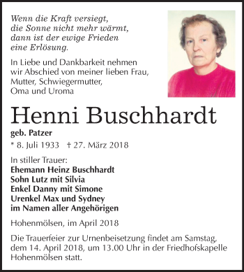 Traueranzeige von Henni Buschhardt von Mitteldeutsche Zeitung Weißenfels