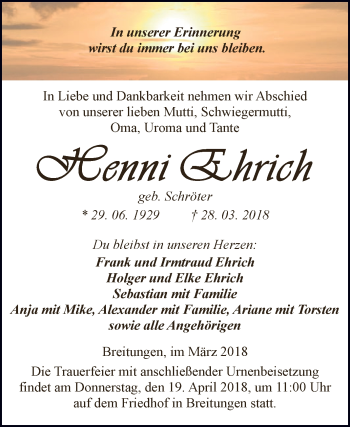 Traueranzeige von Henni Ehrich von Super Sonntag SGH Mansf. Land
