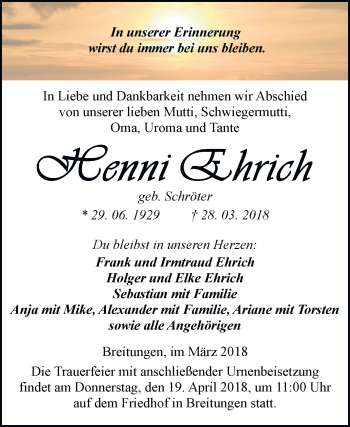 Traueranzeige von Henni Ehrich von Mitteldeutsche Zeitung Sangerhausen