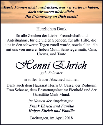 Traueranzeige von Henni Ehrich von Super Sonntag SGH Mansf. Land