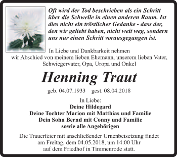 Traueranzeige von Henning Traut von Super Sonntag Quedlinburg