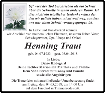 Traueranzeige von Henning Traut von Mitteldeutsche Zeitung Quedlinburg