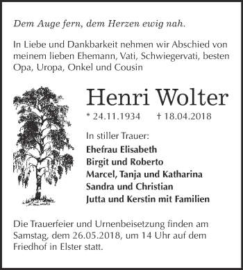 Traueranzeige von Henri Wolter von WVG - Wochenspiegel Wittenberg