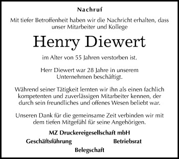 Traueranzeige von Henry Diewert von Mitteldeutsche Zeitung Halle/Saalkreis