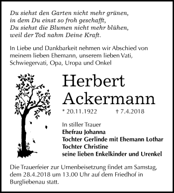 Traueranzeige von Herbert Ackermann von WVG - Wochenspiegel Merseburg