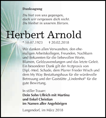 Traueranzeige von Herbert Arnold von WVG - Wochenspiegel NMB / WSF / ZTZ