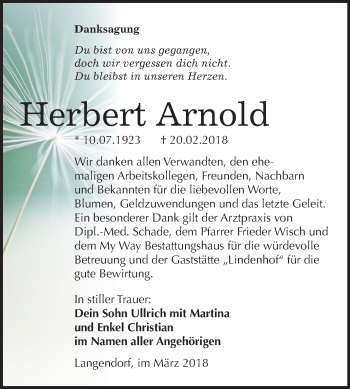 Traueranzeige von Herbert Arnold von Mitteldeutsche Zeitung Weißenfels