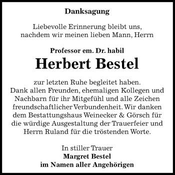 Traueranzeige von Herbert Bestell von Mitteldeutsche Zeitung Bernburg