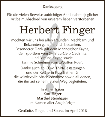 Traueranzeige von Herbert Finger von Super Sonntag Zeitz