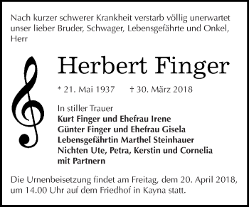 Traueranzeige von Herbert Finger von Super Sonntag Zeitz