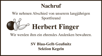 Traueranzeige von Herbert Finger von Super Sonntag Zeitz