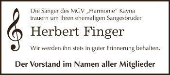 Traueranzeige von Herbert Finger von Super Sonntag Zeitz