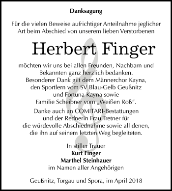 Traueranzeige von Herbert Finger von Mitteldeutsche Zeitung