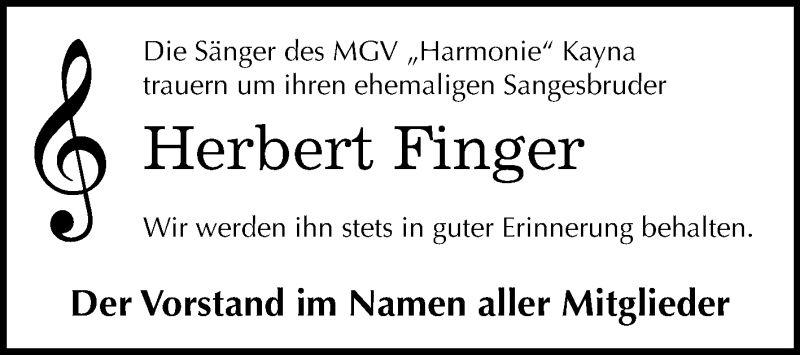 Traueranzeige für Herbert Finger vom 14.04.2018 aus Mitteldeutsche Zeitung Zeitz