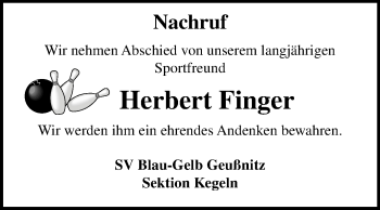 Traueranzeige von Herbert Finger von Mitteldeutsche Zeitung Zeitz
