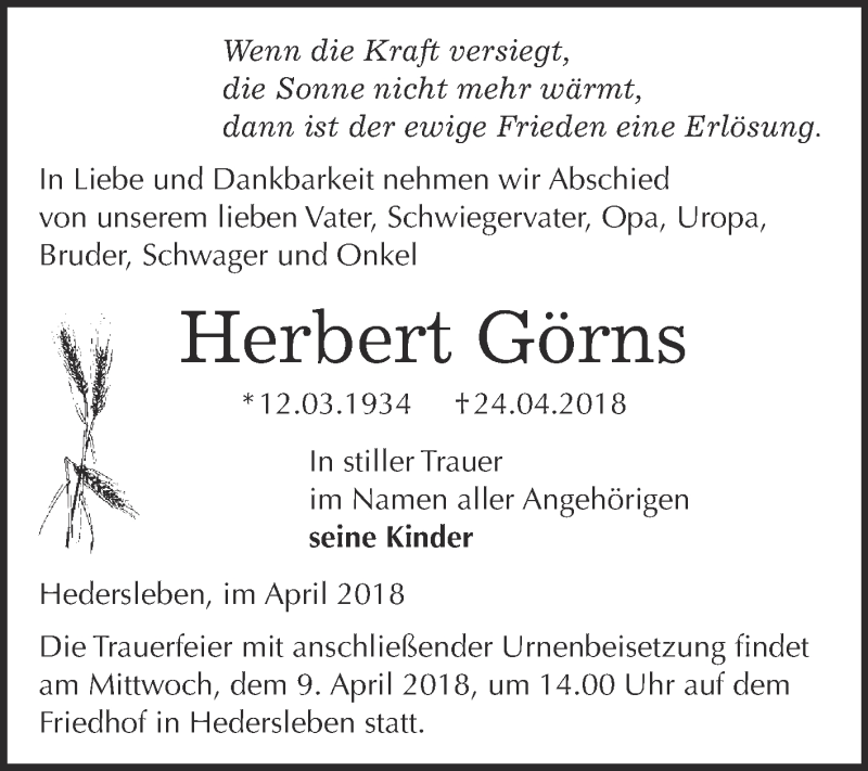  Traueranzeige für Herbert Görns vom 28.04.2018 aus WVG - Wochenspiegel Quedlinburg