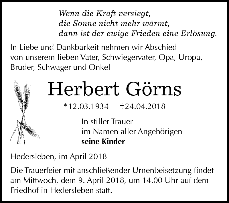  Traueranzeige für Herbert Görns vom 28.04.2018 aus Mitteldeutsche Zeitung Quedlinburg